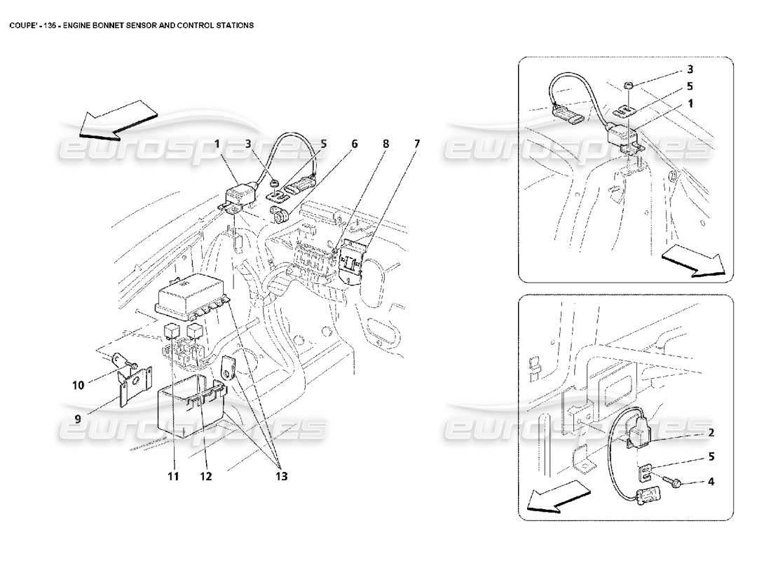 maserati 4200 coupe (2002) diagrama de piezas de las estaciones de control y sensores del capó del motor