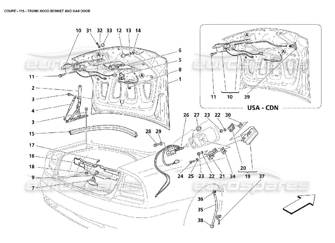 maserati 4200 coupe (2002) diagrama de piezas del capó del maletero y de la puerta de gas