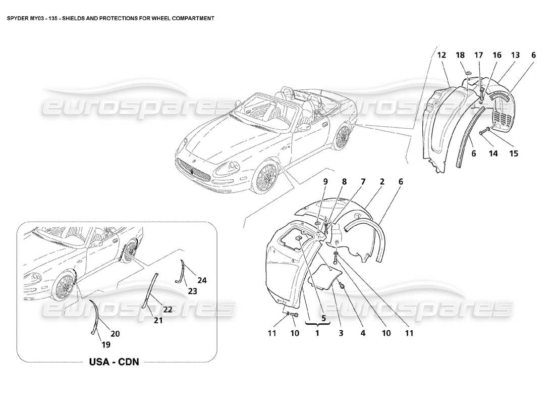 maserati 4200 spyder (2003) escudos y protecciones para compartimiento de ruedas diagrama de piezas