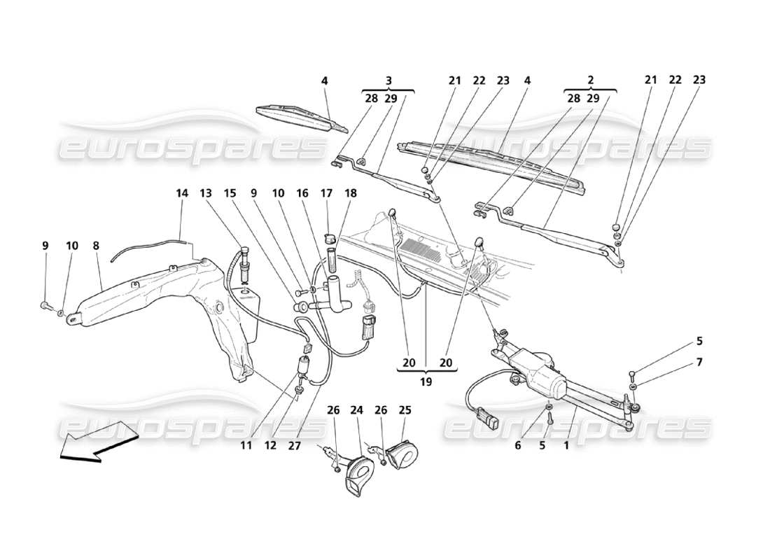 maserati 4200 spyder (2003) parabrisas - diagrama de piezas de bocinas y arandelas de vidrio