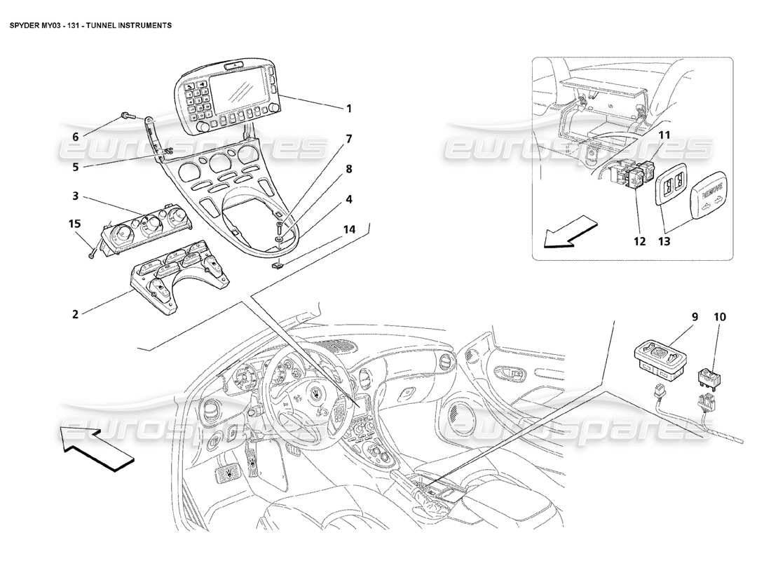 maserati 4200 spyder (2003) instrumentos de túnel diagrama de piezas
