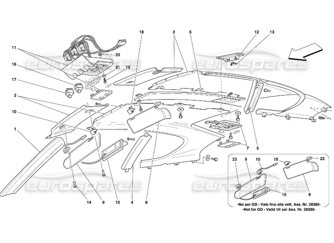 ferrari 456 m gt/m gta diagrama de piezas de tapicería y accesorios del panel del techo