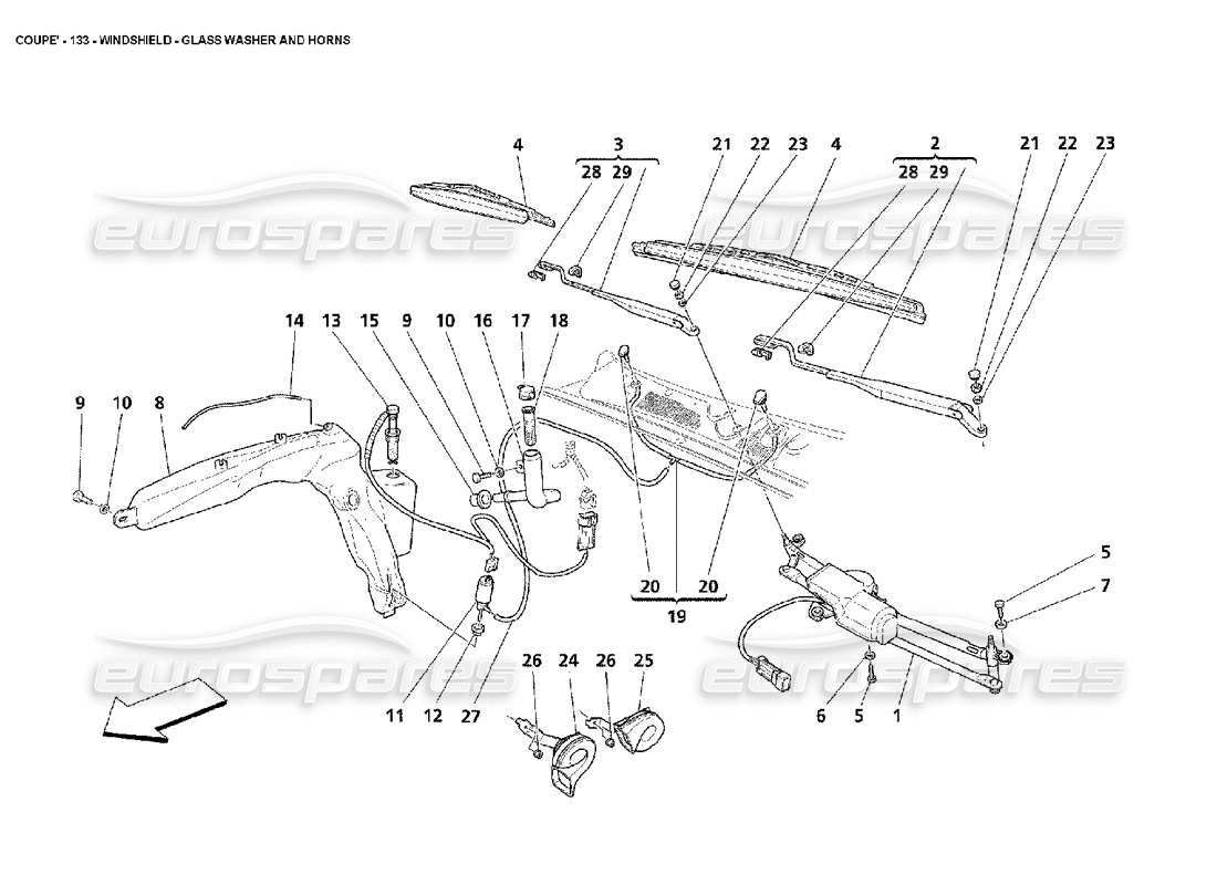 maserati 4200 coupe (2002) parabrisas: diagrama de piezas de arandela de vidrio y bocinas