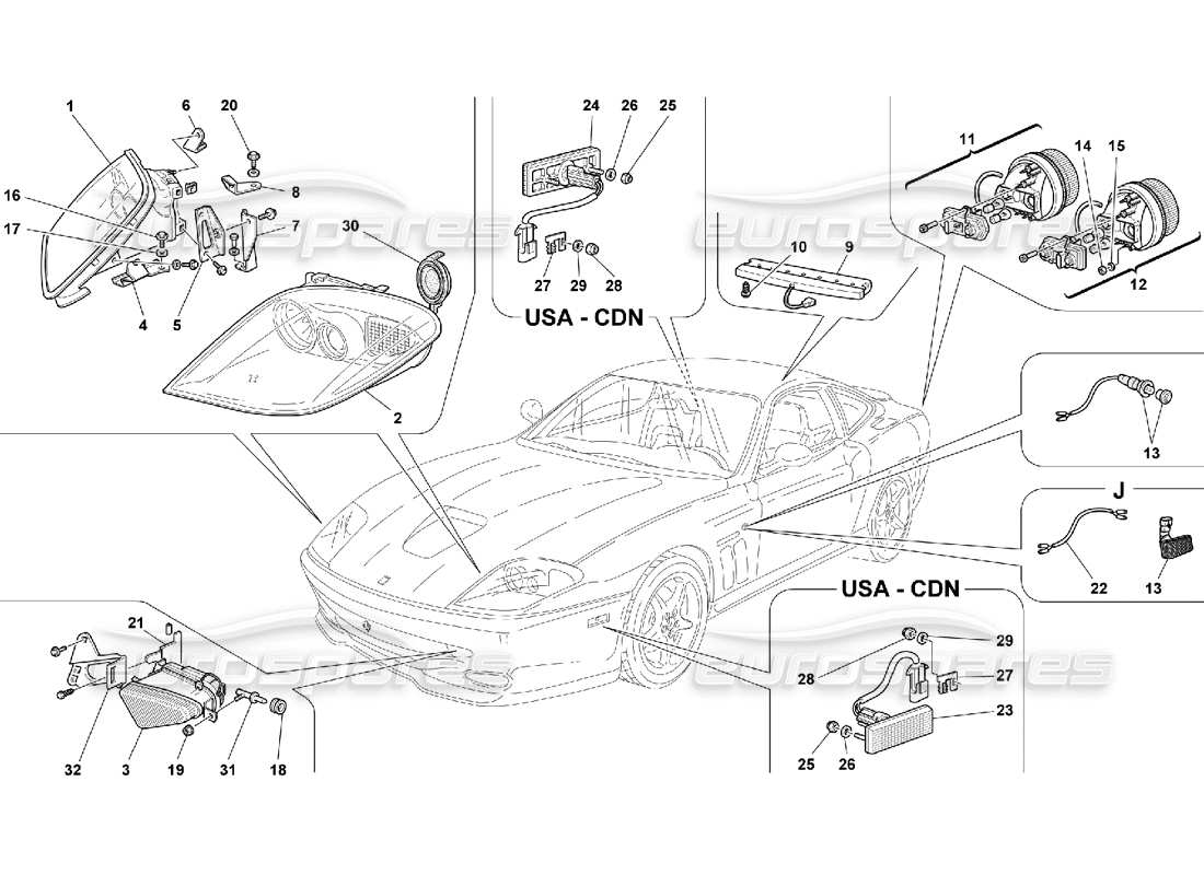 ferrari 550 maranello diagrama de piezas de las luces delanteras y traseras