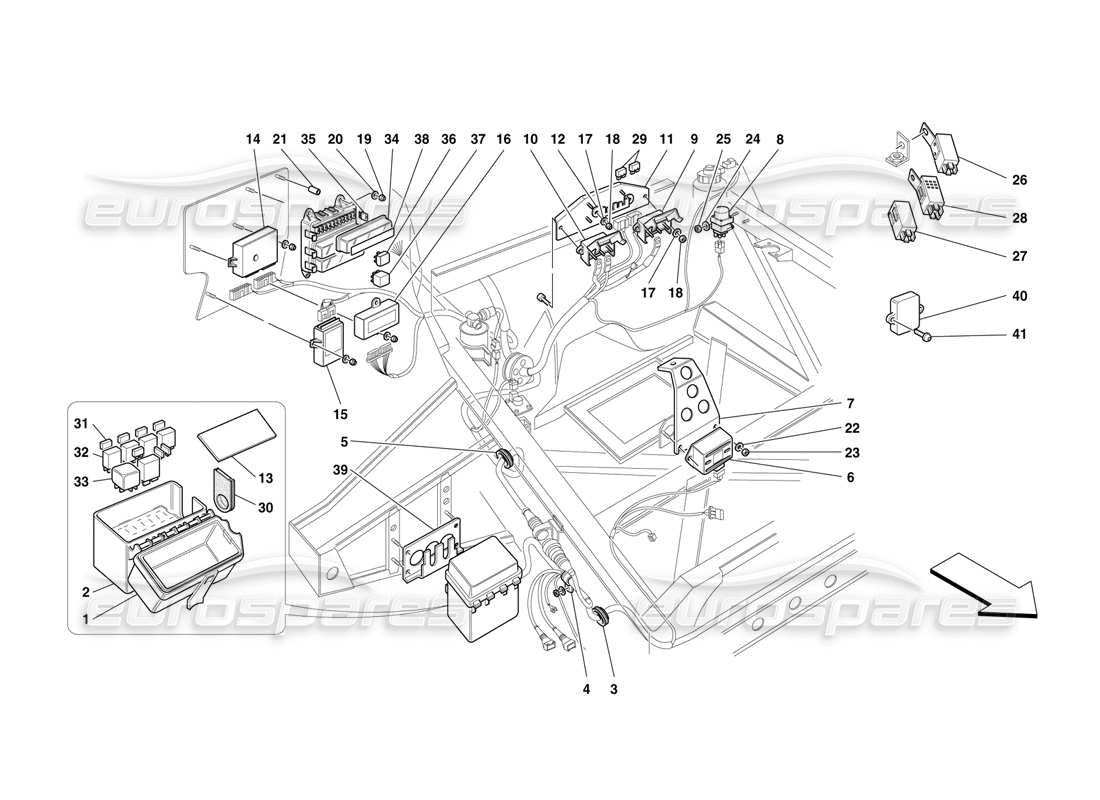 ferrari f50 dispositivos eléctricos - cuadros eléctricos parte delantera-compartimento de pasajeros diagrama de piezas