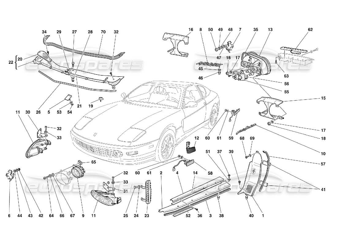 ferrari 456 m gt/m gta luces delanteras y traseras - diagrama de piezas de acabados exteriores
