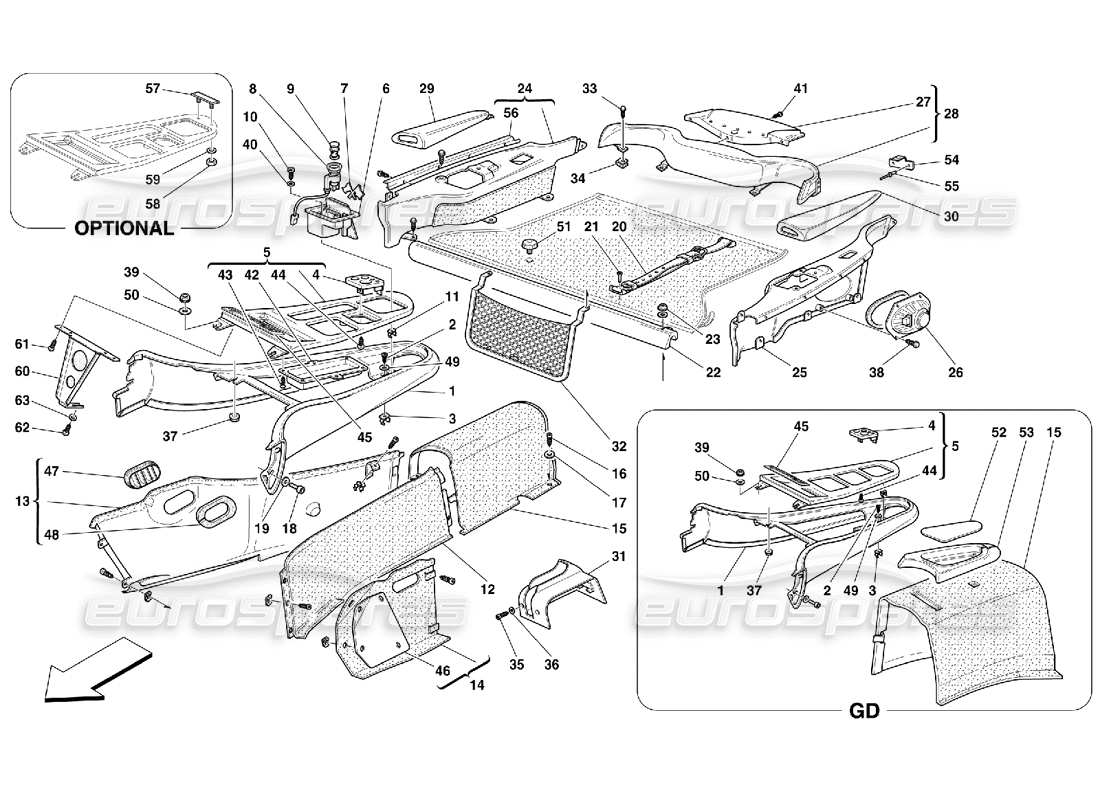 ferrari 550 maranello túnel - diagrama de piezas de molduras interiores