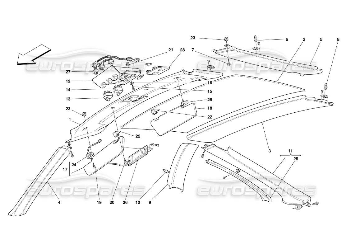 ferrari 550 maranello diagrama de piezas de tapicería y accesorios del panel del techo