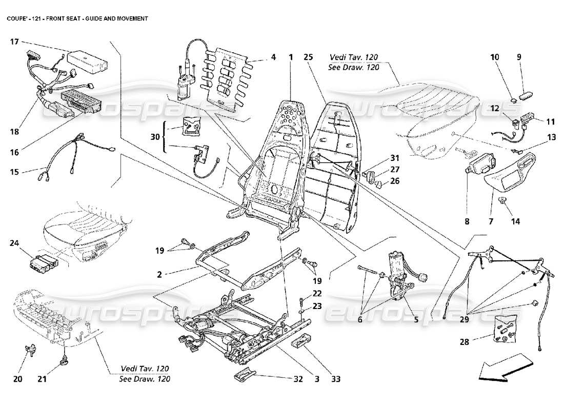 maserati 4200 coupe (2002) asiento delantero - diagrama de piezas de guía y movimiento