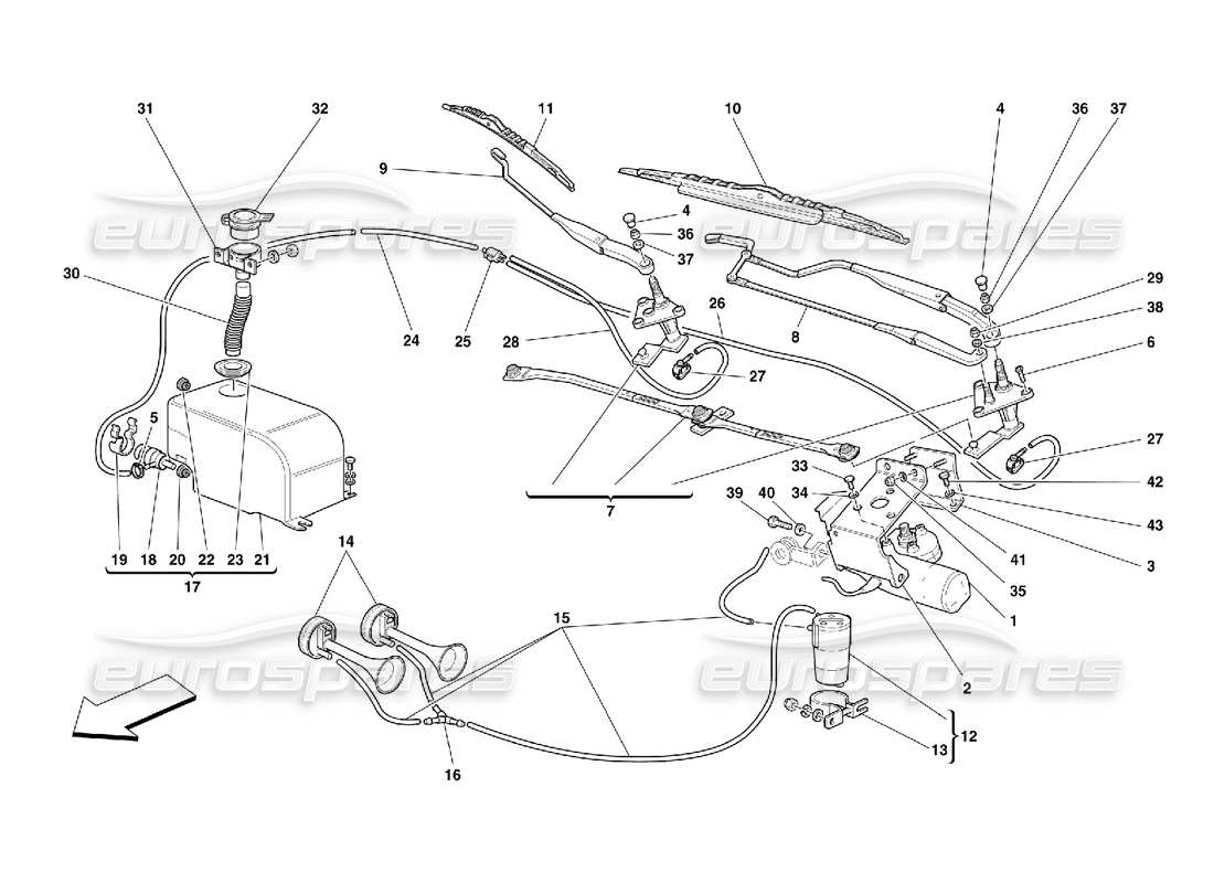 ferrari 456 m gt/m gta diagrama de piezas del limpiaparabrisas, arandela y bocinas