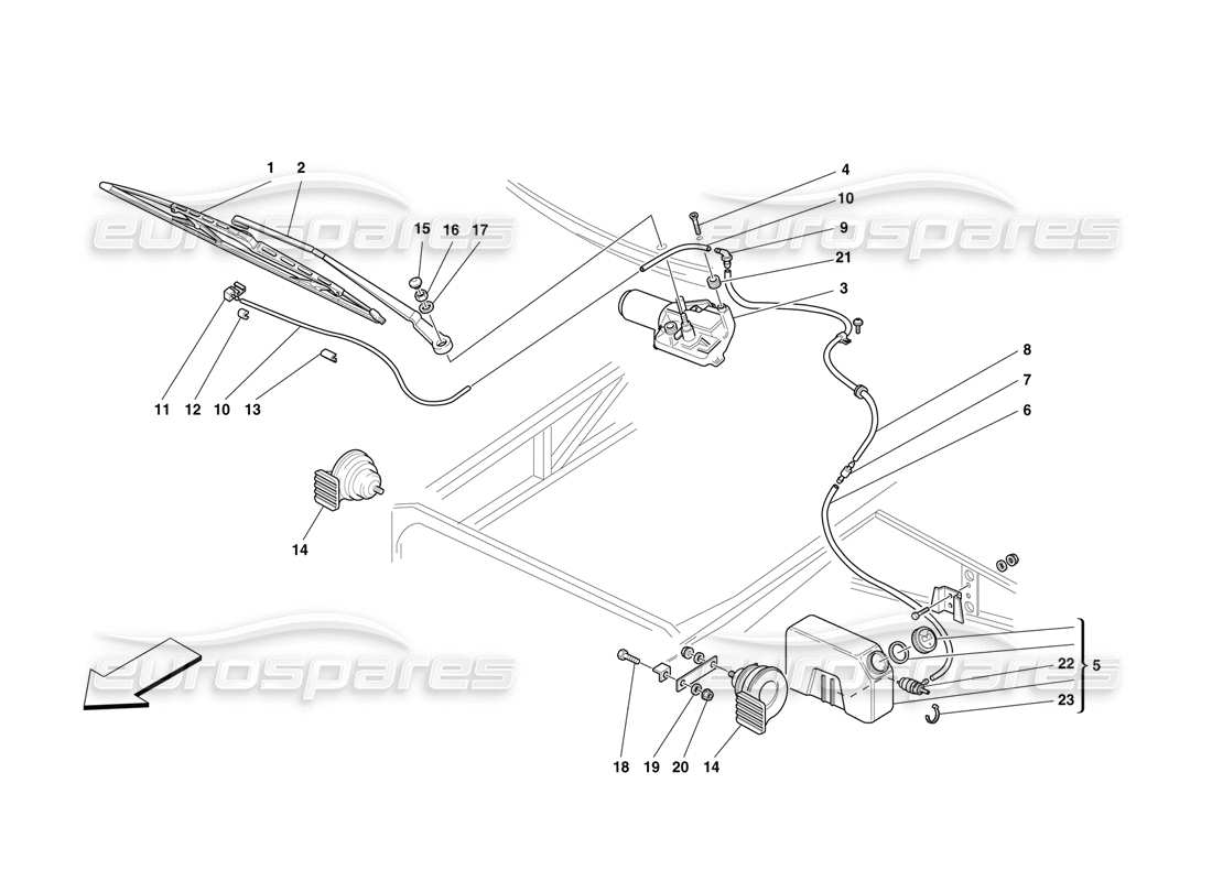 ferrari f50 limpiaparabrisas, contenedor de limpiaparabrisas y bocinas diagrama de piezas
