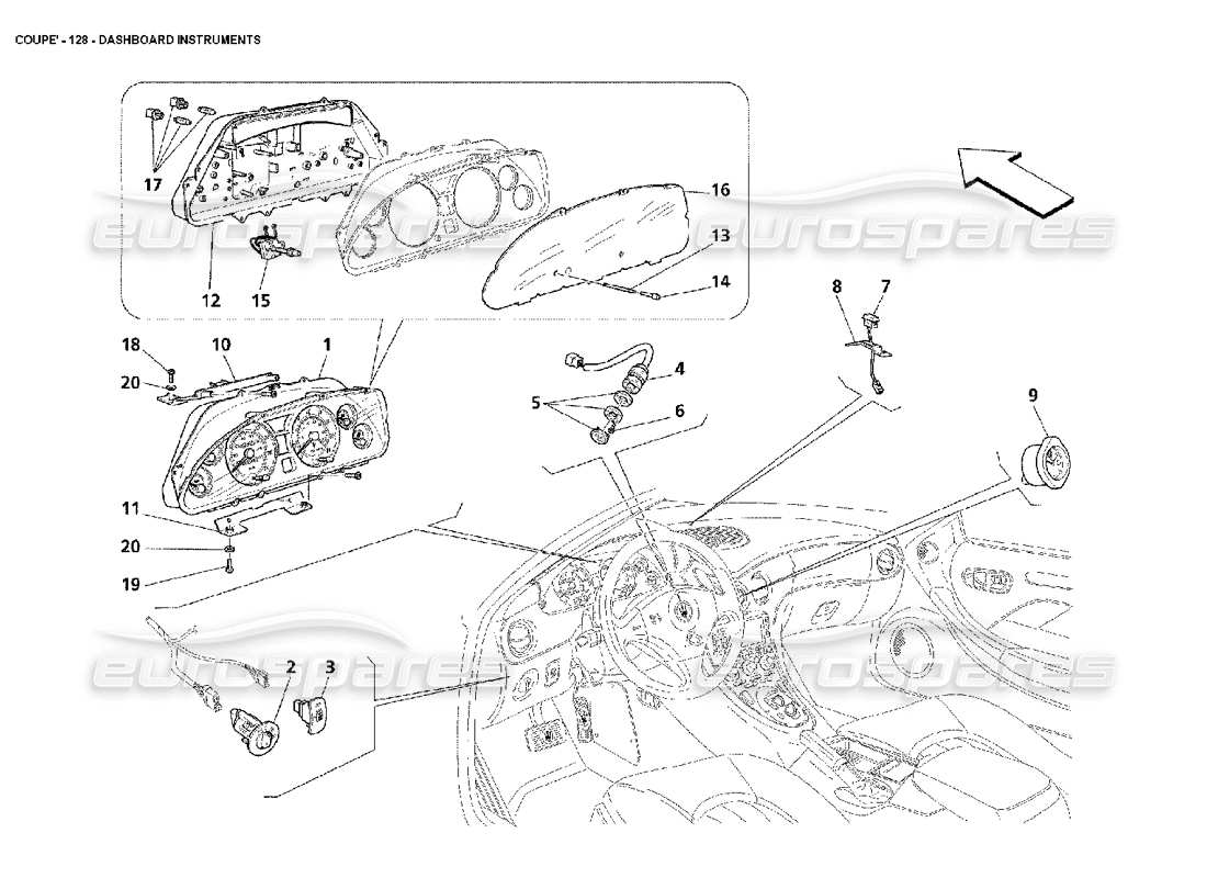 maserati 4200 coupe (2002) diagrama de piezas de instrumentos del tablero