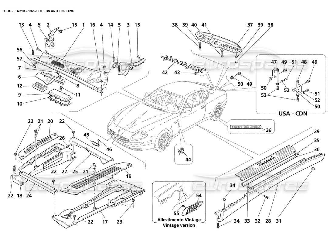 maserati 4200 coupe (2004) escudos y acabados diagrama de piezas