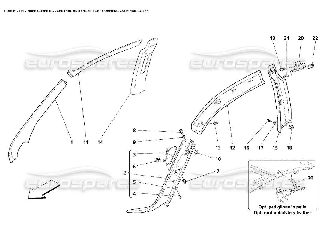 maserati 4200 coupe (2002) cubierta interior - cubierta de poste central y frontal - diagrama de piezas de cubierta de riel lateral