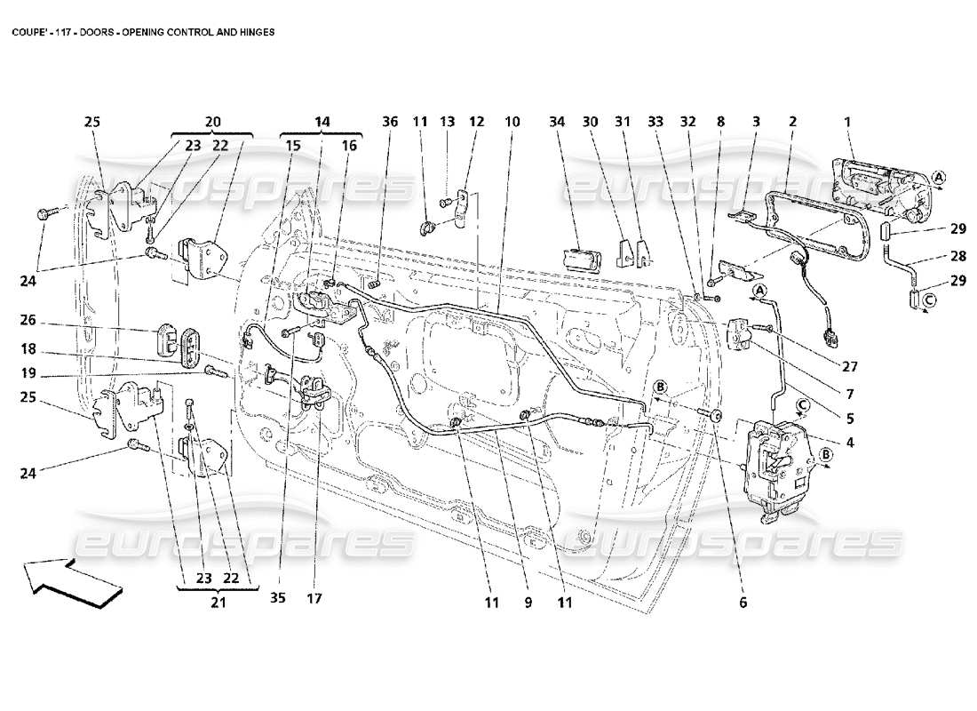 maserati 4200 coupe (2002) puertas: diagrama de piezas de control de apertura y bisagras