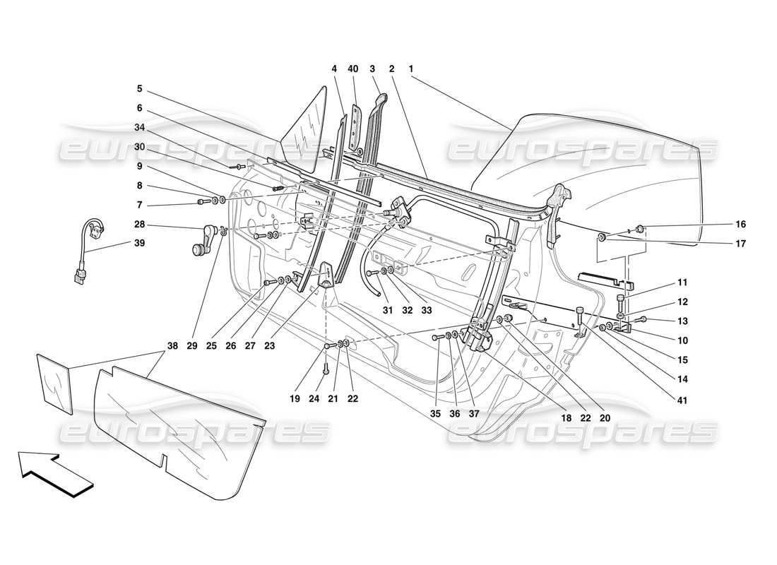 ferrari f50 puertas - dispositivo de elevación de vidrio diagrama de piezas