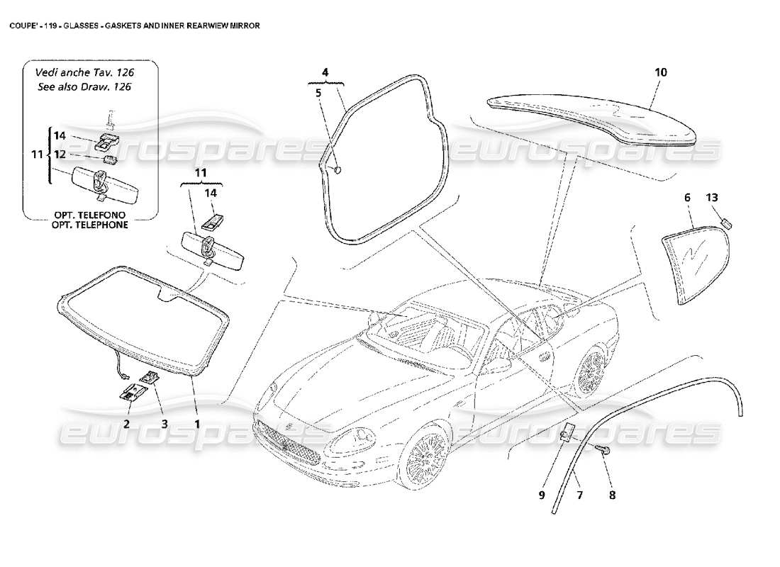 maserati 4200 coupe (2002) vidrios: diagrama de piezas de juntas y espejo retrovisor interior