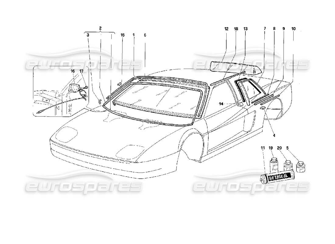 ferrari 512 m ventanas diagrama de piezas