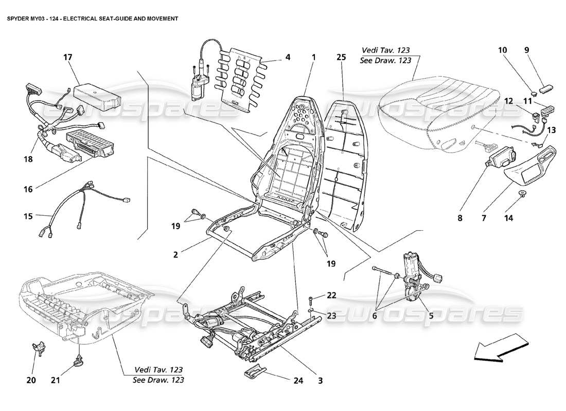 maserati 4200 spyder (2003) asiento eléctrico - guía y movimiento diagrama de piezas