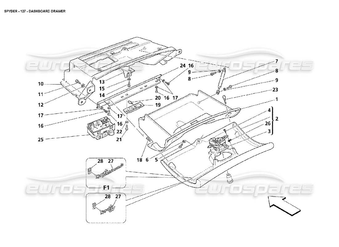maserati 4200 spyder (2002) cajón del tablero diagrama de piezas
