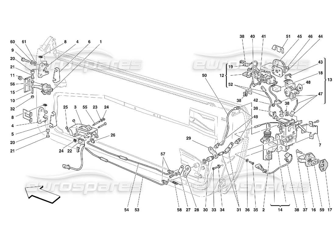 ferrari 550 maranello puertas: diagrama de piezas de control de apertura y bisagras