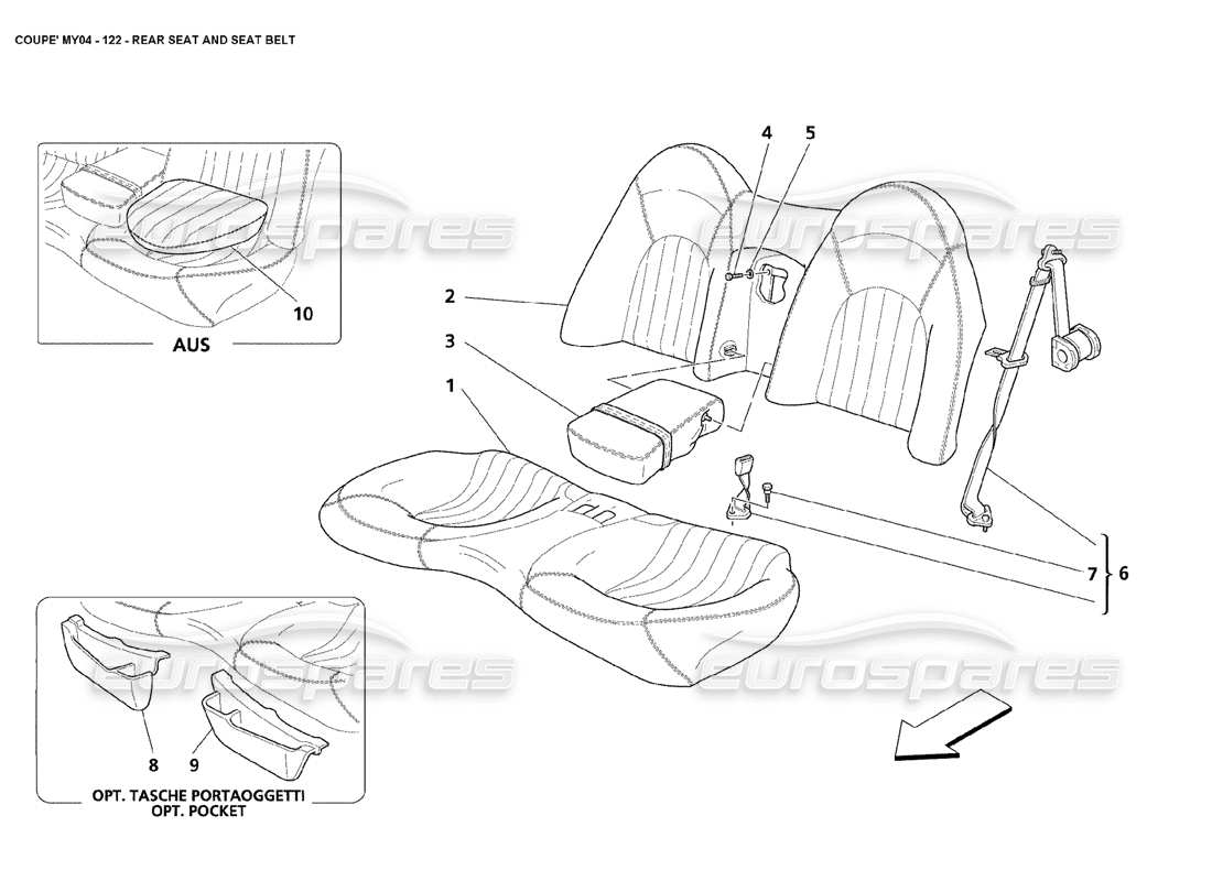 maserati 4200 coupe (2004) diagrama de piezas del asiento trasero y del cinturón de seguridad
