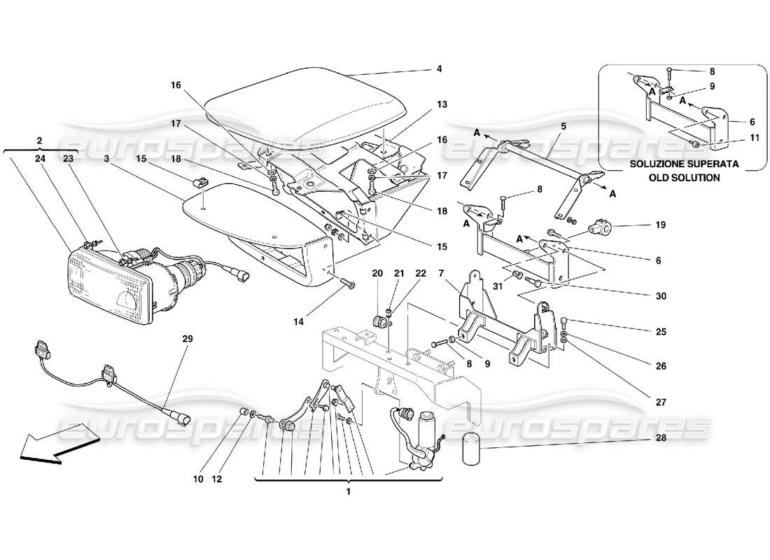 ferrari 456 m gt/m gta dispositivo de elevación de luces y faros. diagrama de piezas