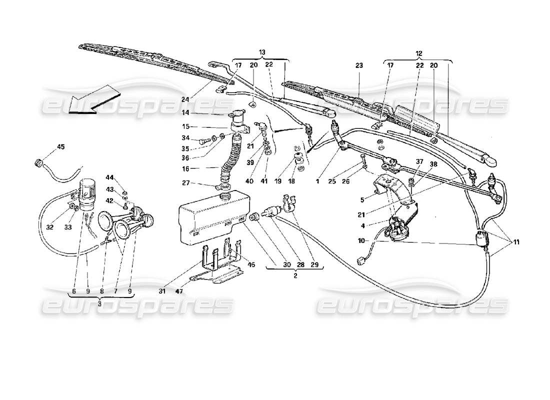 ferrari 512 m limpiaparabrisas, arandela y bocinas diagrama de piezas