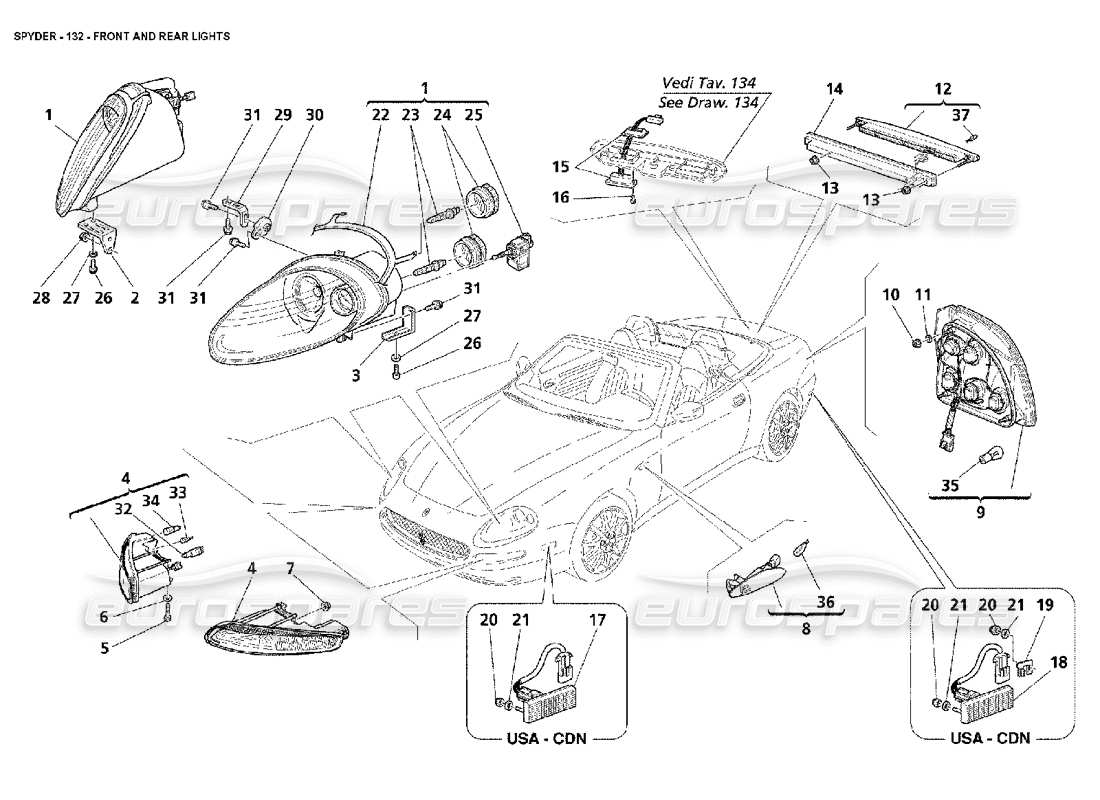 maserati 4200 spyder (2002) luces delanteras y traseras diagrama de piezas