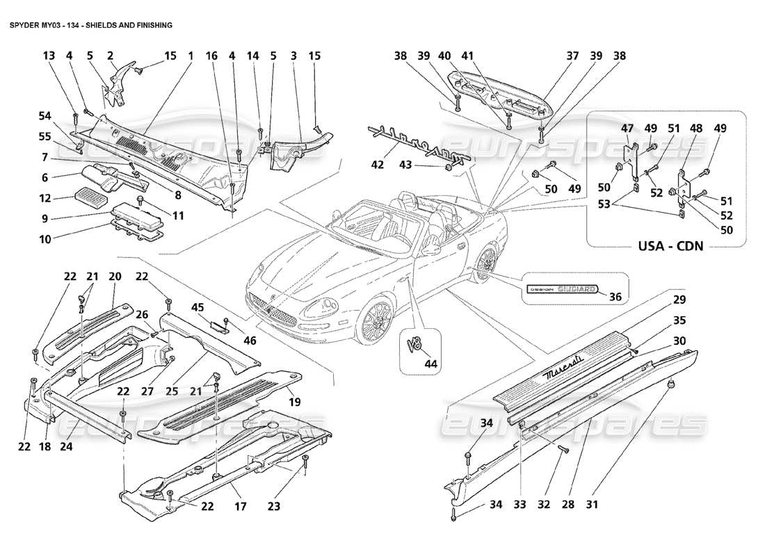 maserati 4200 spyder (2003) escudos y diagrama de piezas de acabado