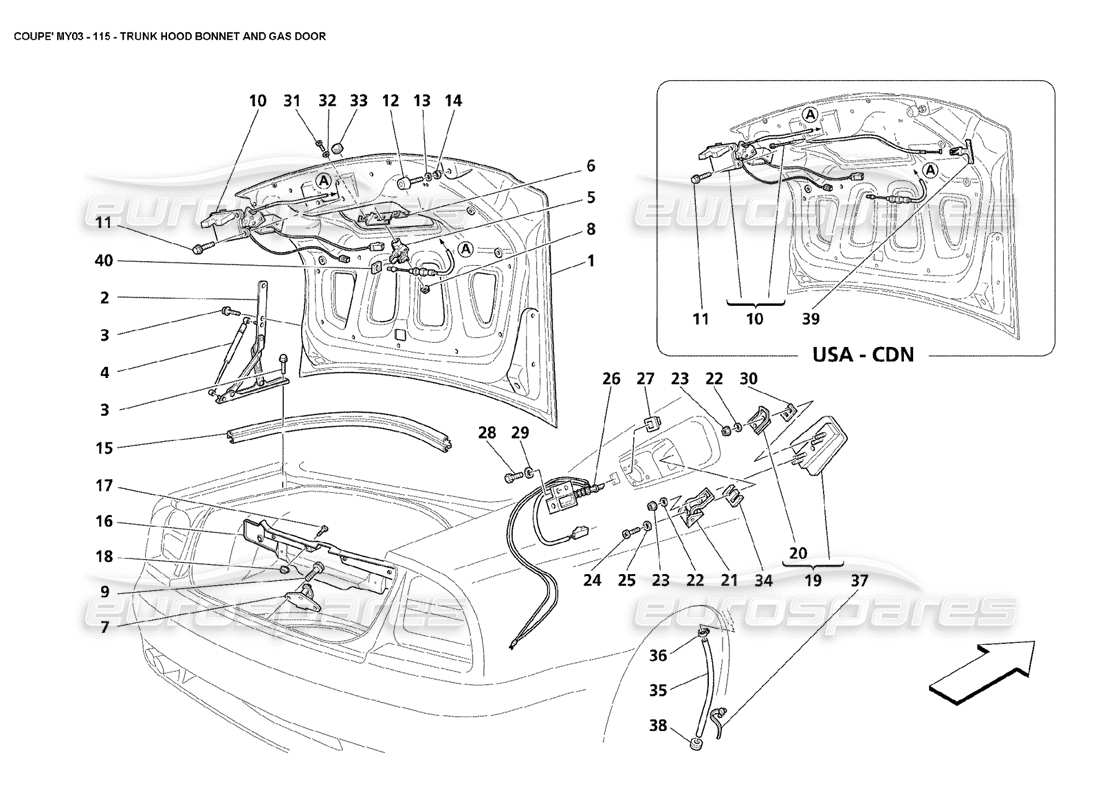 maserati 4200 coupe (2003) diagrama de piezas del capó del maletero y de la puerta de gas