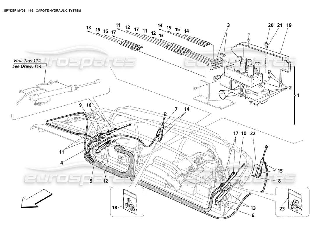 maserati 4200 spyder (2003) sistema hidráulico capote diagrama de piezas