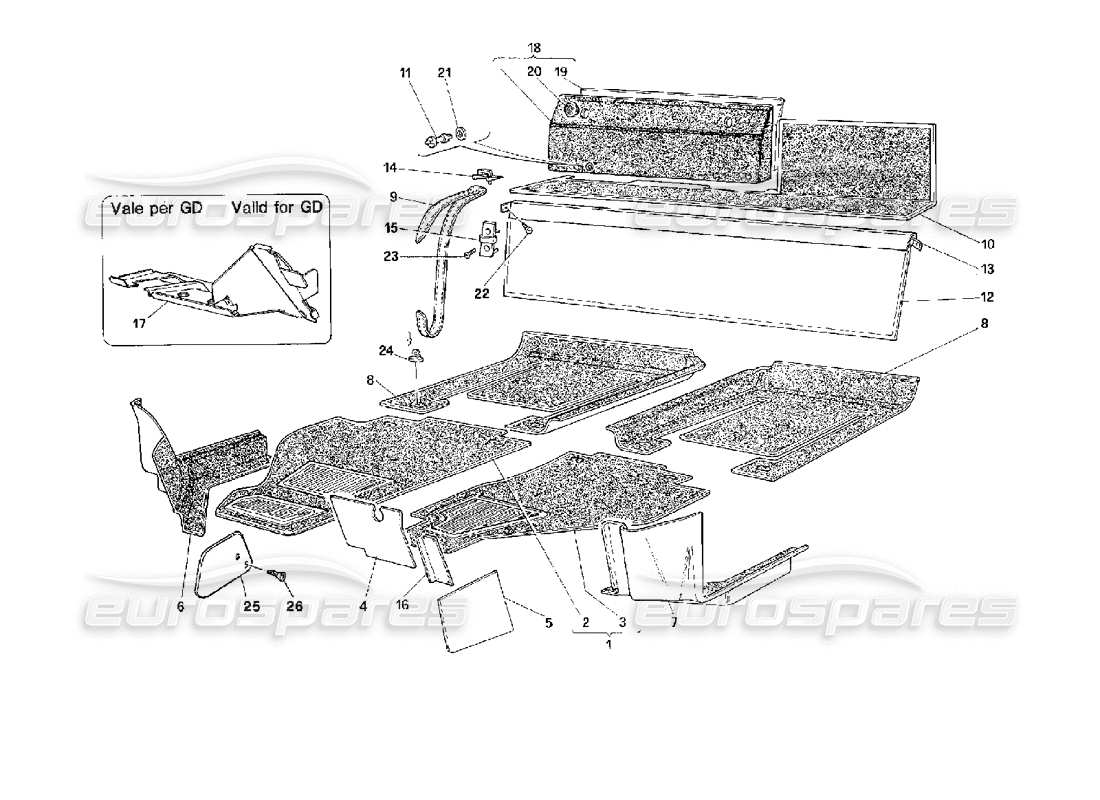 ferrari 512 m diagrama de piezas de alfombras