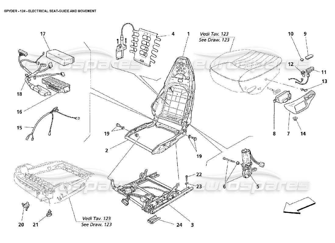 maserati 4200 spyder (2002) guía y movimiento eléctricos del asiento. diagrama de piezas