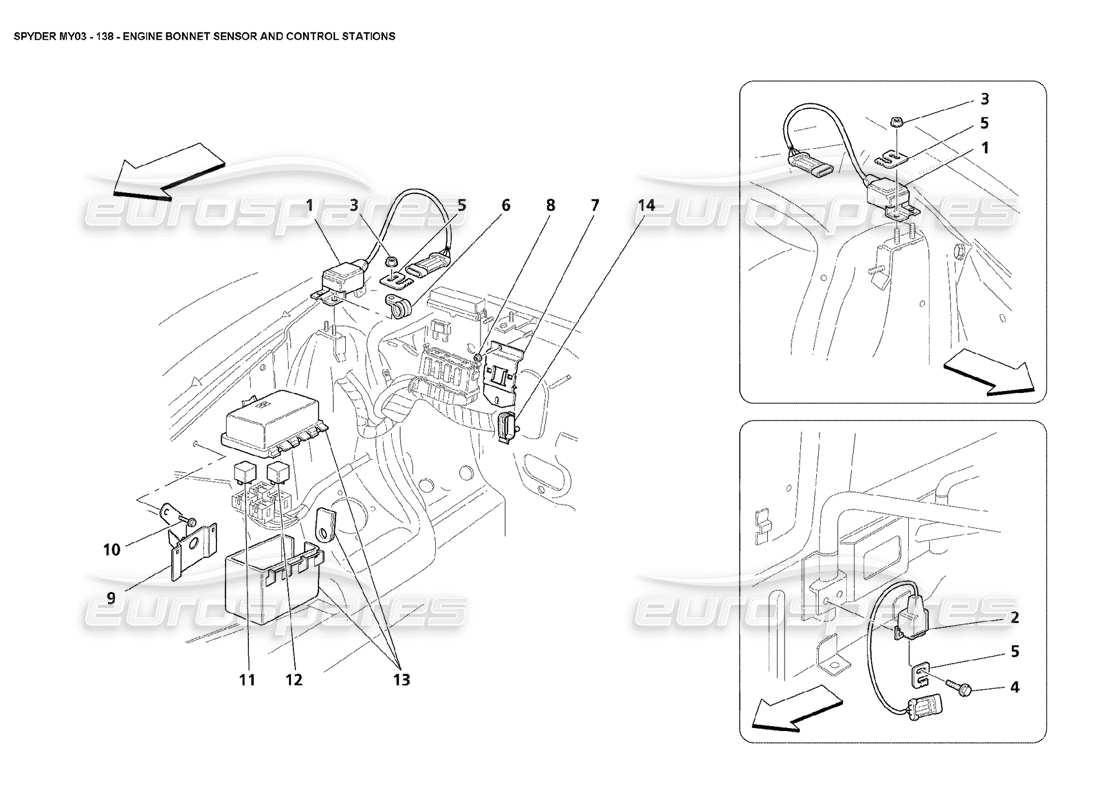 maserati 4200 spyder (2003) diagrama de piezas de las estaciones de control y sensores del capó del motor