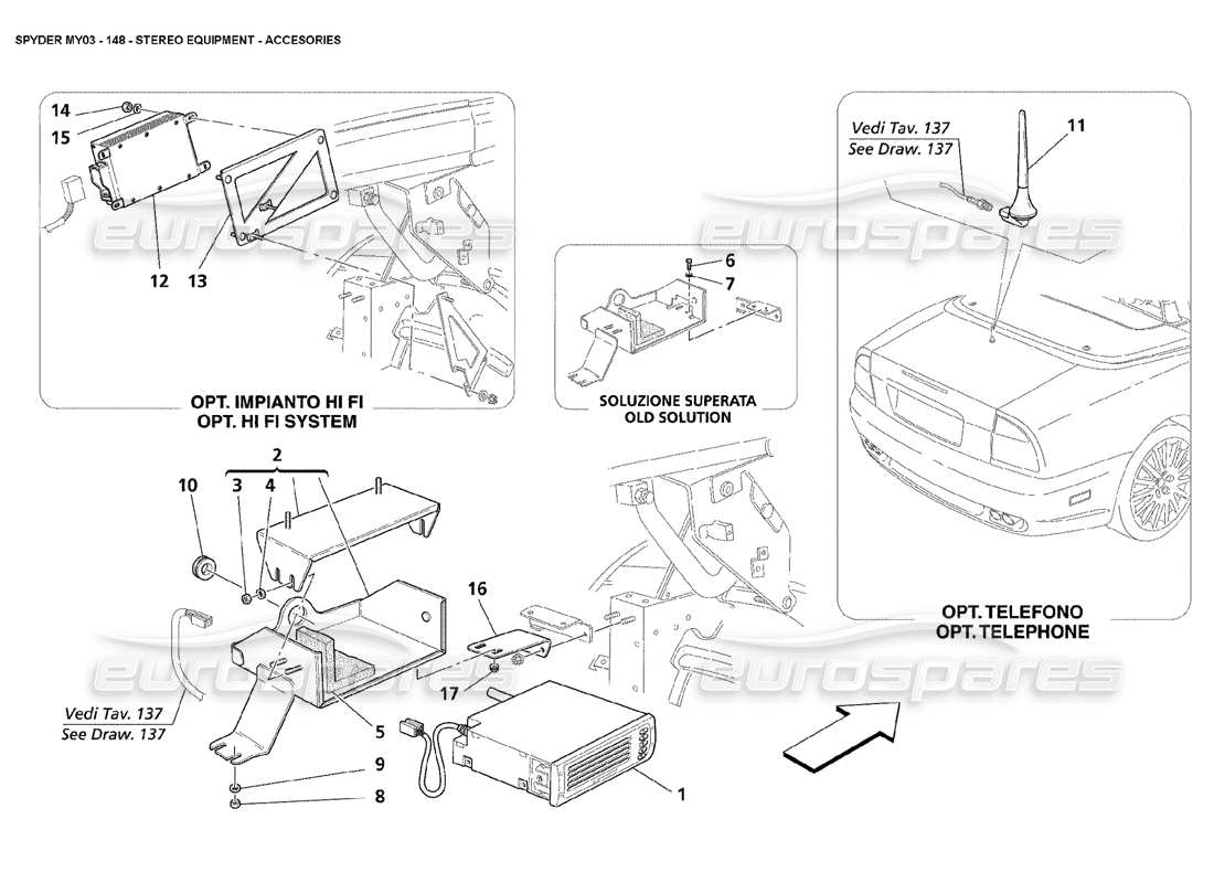 maserati 4200 spyder (2003) diagrama de piezas de accesorios estéreo para automóvil