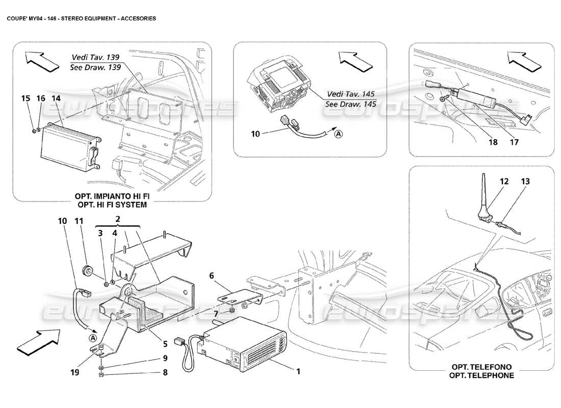 maserati 4200 coupe (2004) diagrama de piezas de accesorios para equipos estéreo
