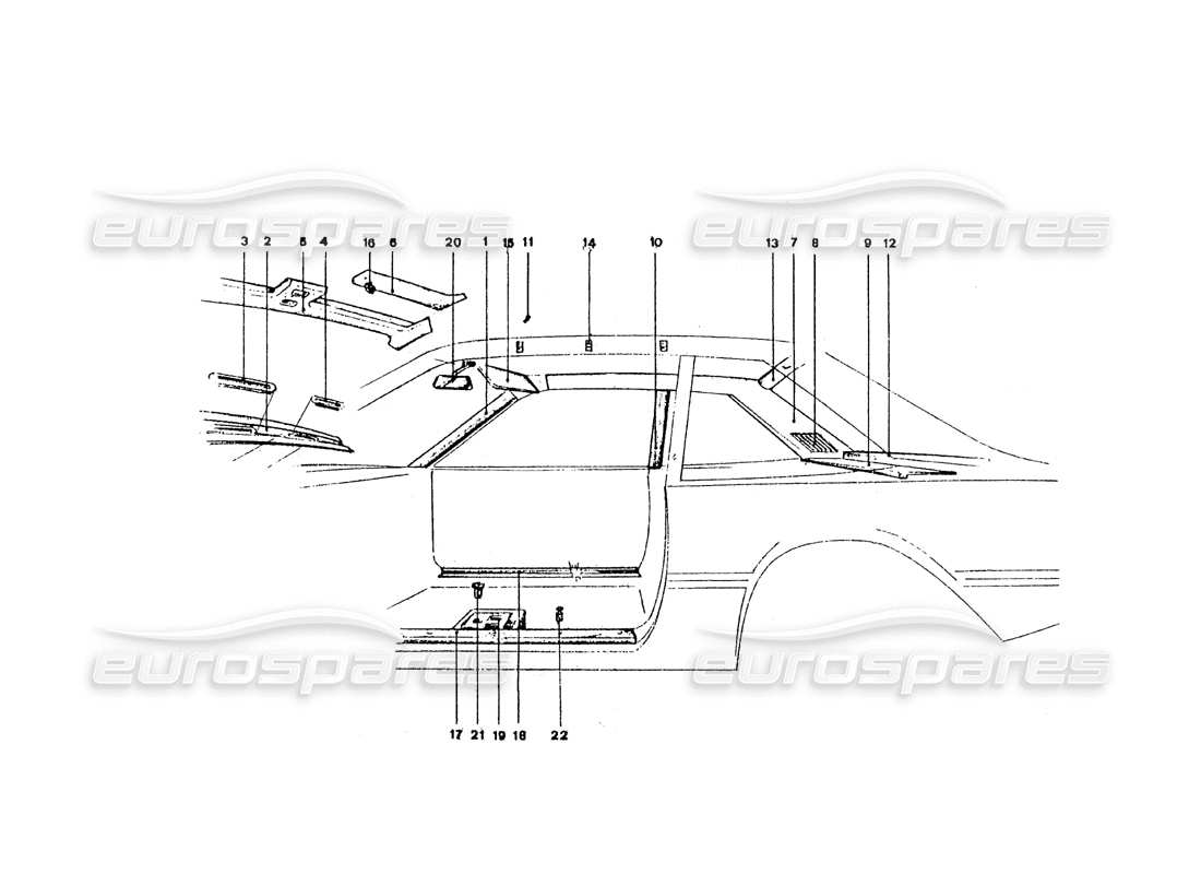 un diagrama de piezas del catálogo de piezas de carrocería Ferrari 365 GT4 2+2