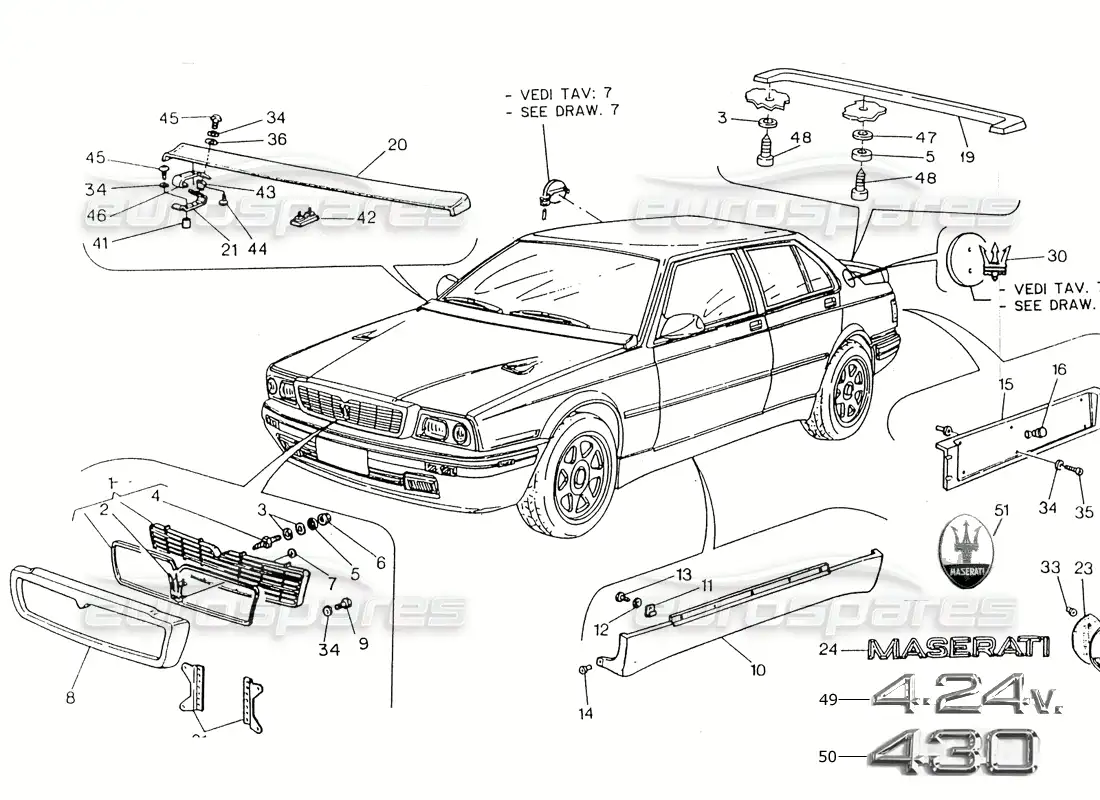 maserati 418 / 4.24v / 430 diagrama de piezas de acabado externo