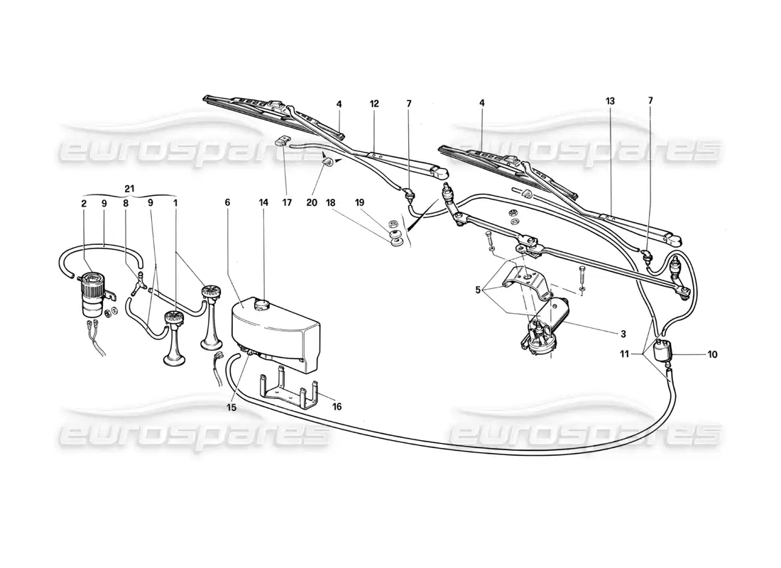 ferrari testarossa (1987) diagrama de piezas del limpiaparabrisas, arandela y bocinas
