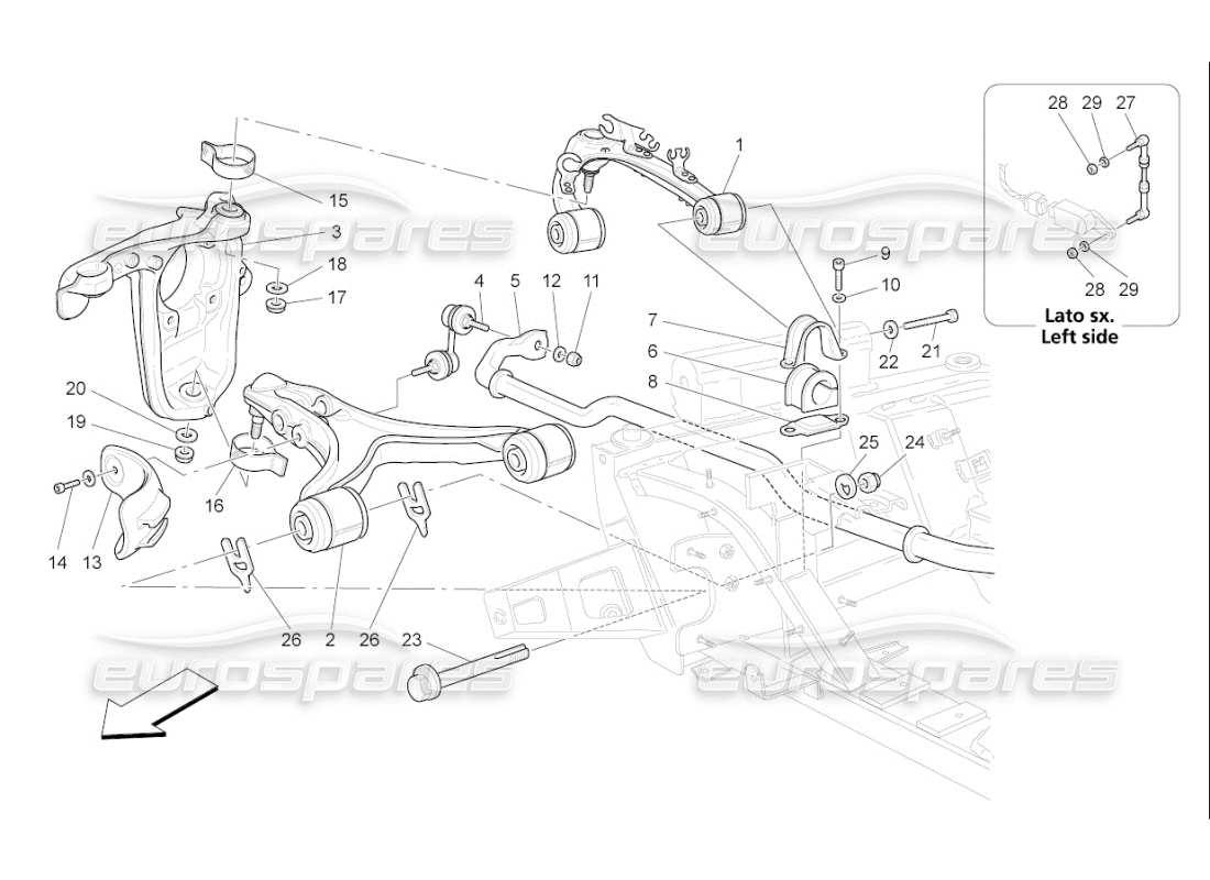 maserati qtp. (2009) 4.7 auto diagrama de piezas de la suspensión delantera