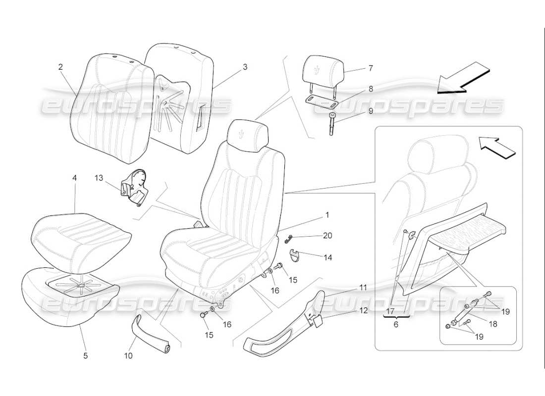 maserati qtp. (2007) 4.2 f1 asientos delanteros: diagrama de piezas de los paneles tapizados