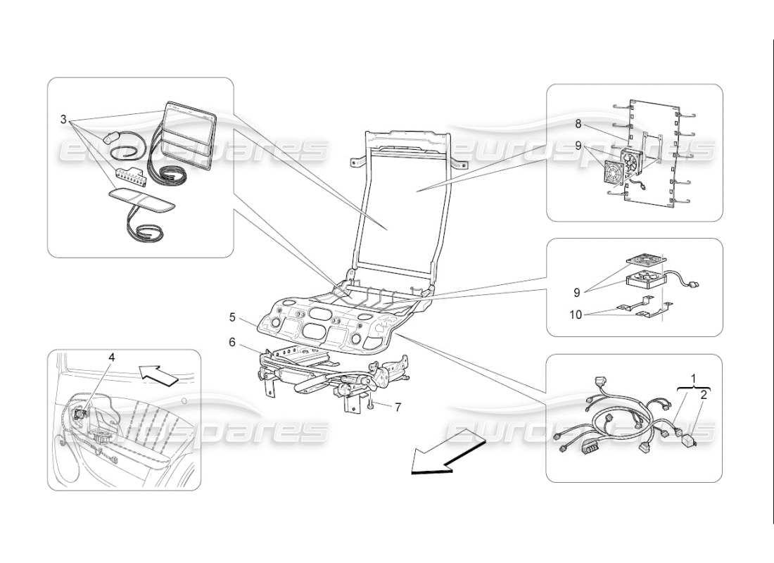 maserati qtp. (2008) 4.2 auto asientos traseros: diagrama de piezas de mecánica y electrónica