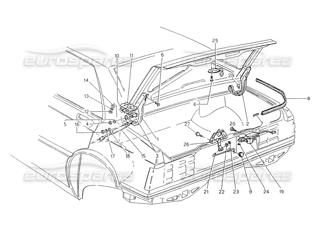 maserati 418 / 4.24v / 430 diagrama de piezas de la tapa del maletero, las bisagras y los controles de apertura