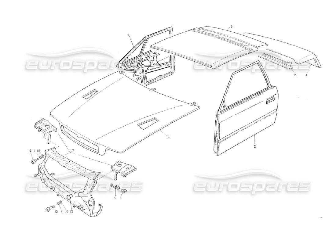 maserati shamal carrocería - f. laterales, techo p. puertas capós diagrama de piezas