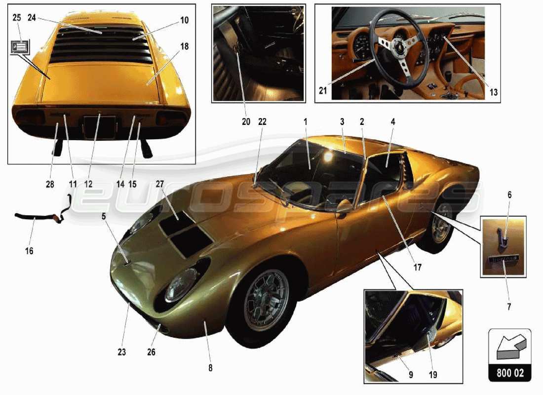 lamborghini miura p400s diagrama de partes del cuerpo