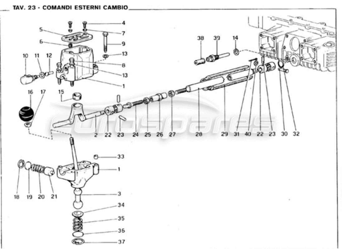 ferrari 246 gt series 1 diagrama de piezas de los controles exteriores de la caja de cambios