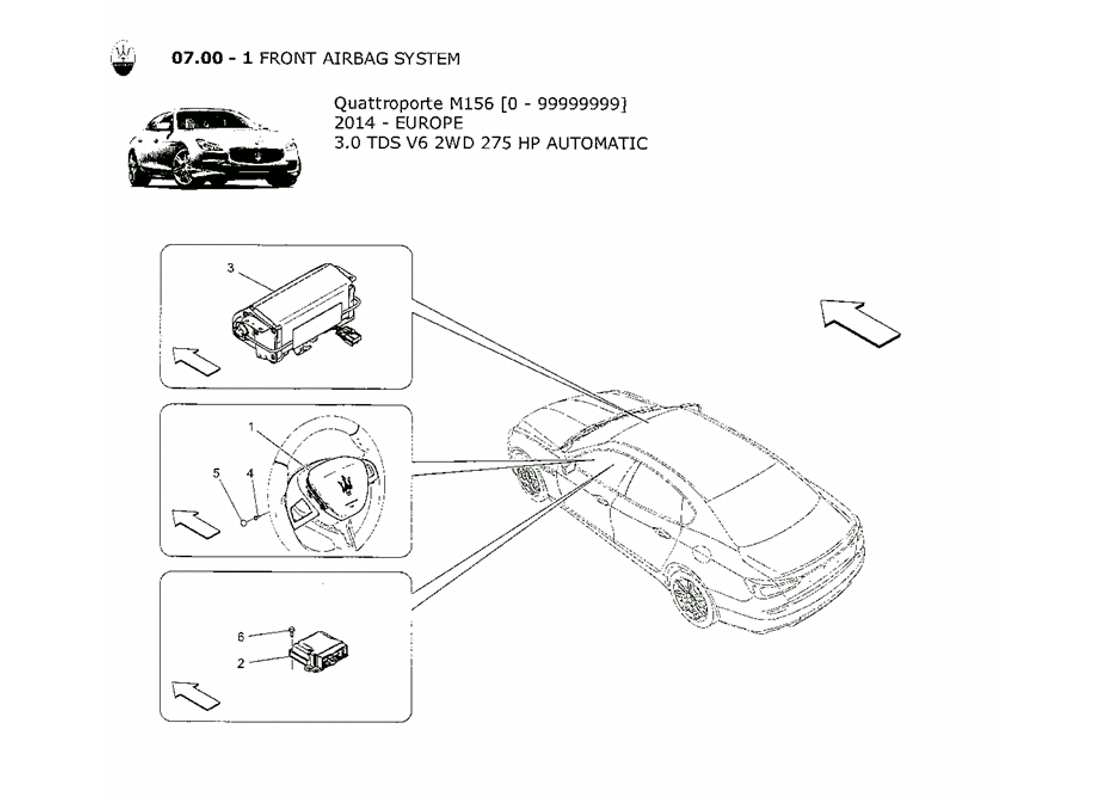 maserati qtp. v6 3.0 tds 275bhp 2014 diagrama de piezas del sistema de airbag delantero