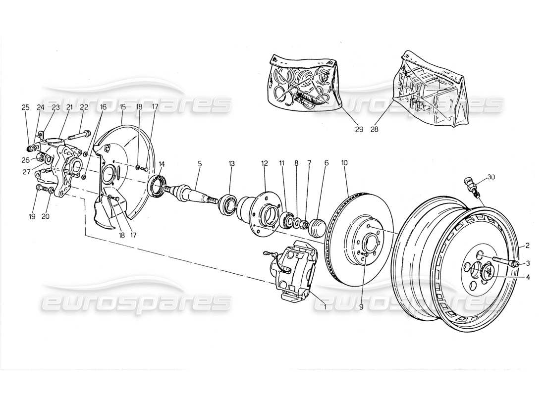 maserati 228 diagrama de piezas de ruedas, bujes y frenos delanteros
