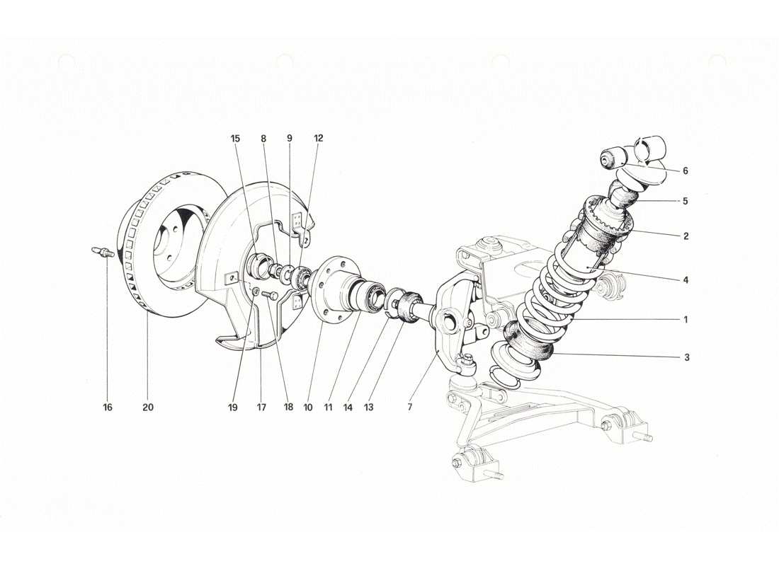 ferrari 208 gtb gts suspensión delantera - amortiguador y disco de freno diagrama de piezas